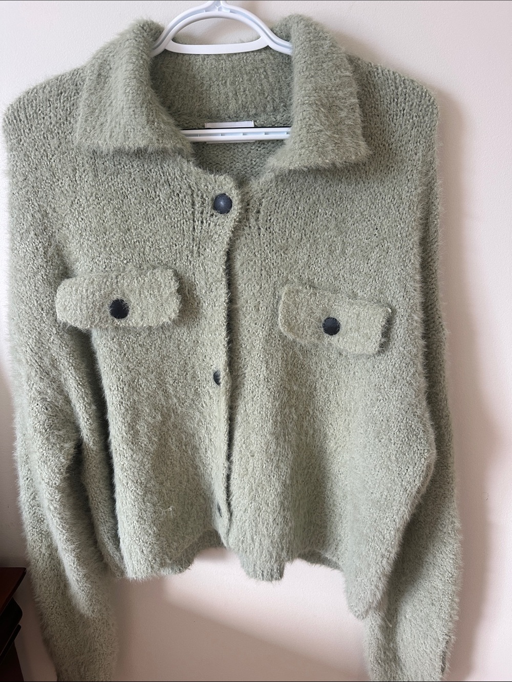 Isalis Thank You Cardigan Cozy Teddy Sweater Jacket in Sage Green Medium